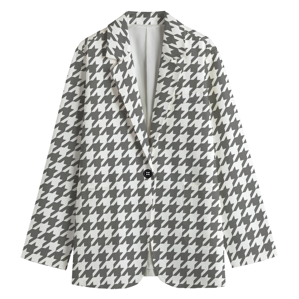Grey And White Houndstooth Pattern Print Women's Cotton Blazer
