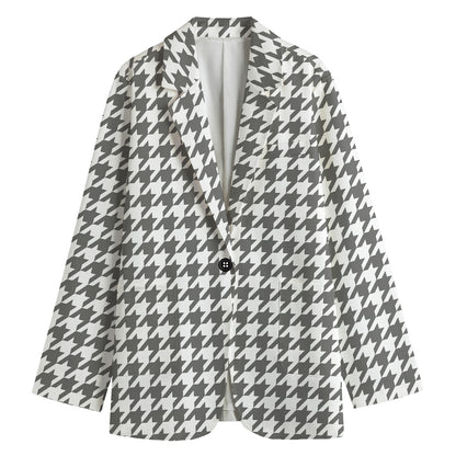 Grey And White Houndstooth Pattern Print Women's Cotton Blazer