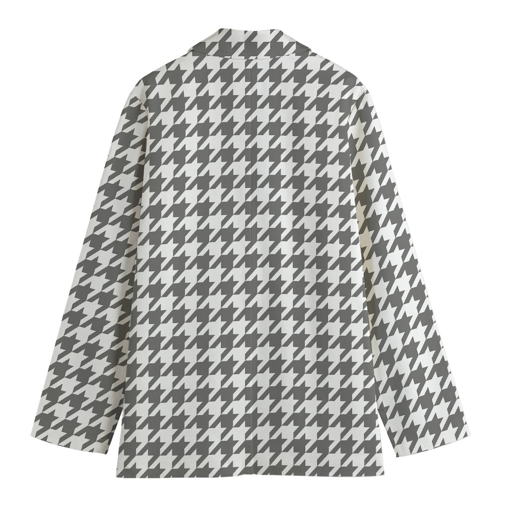 Grey And White Houndstooth Pattern Print Women's Cotton Blazer