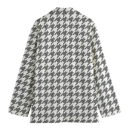 Grey And White Houndstooth Pattern Print Women's Cotton Blazer