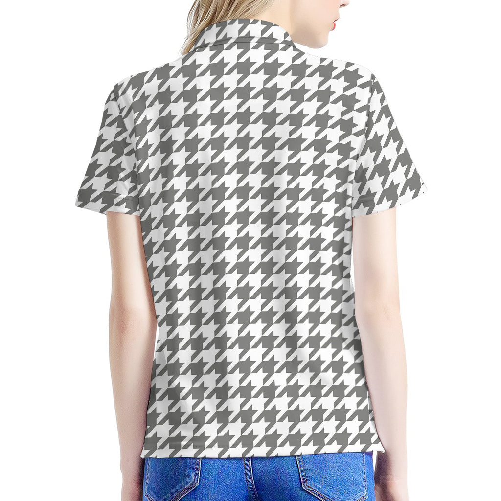 Grey And White Houndstooth Pattern Print Women's Polo Shirt
