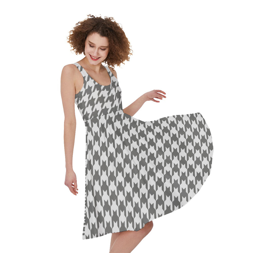 Grey And White Houndstooth Pattern Print Women's Sleeveless Dress