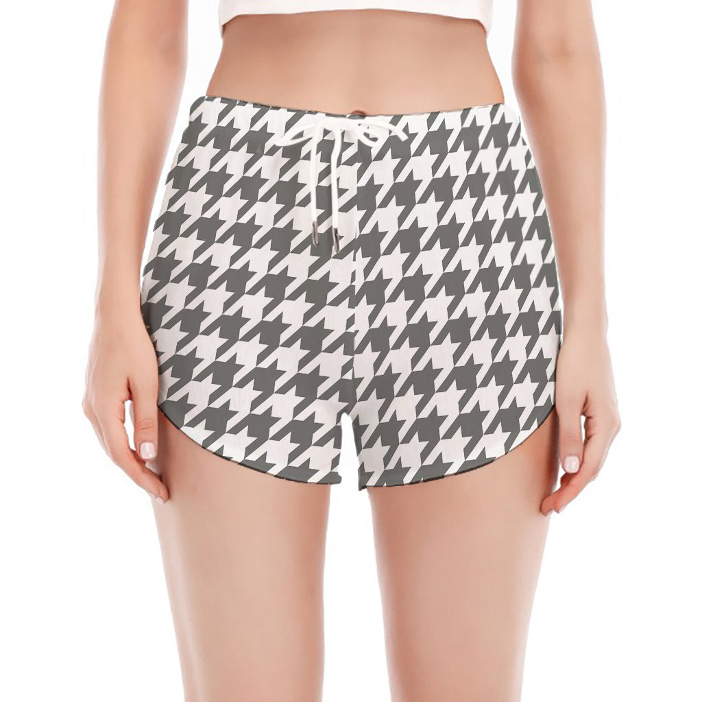 Grey And White Houndstooth Pattern Print Women's Split Running Shorts