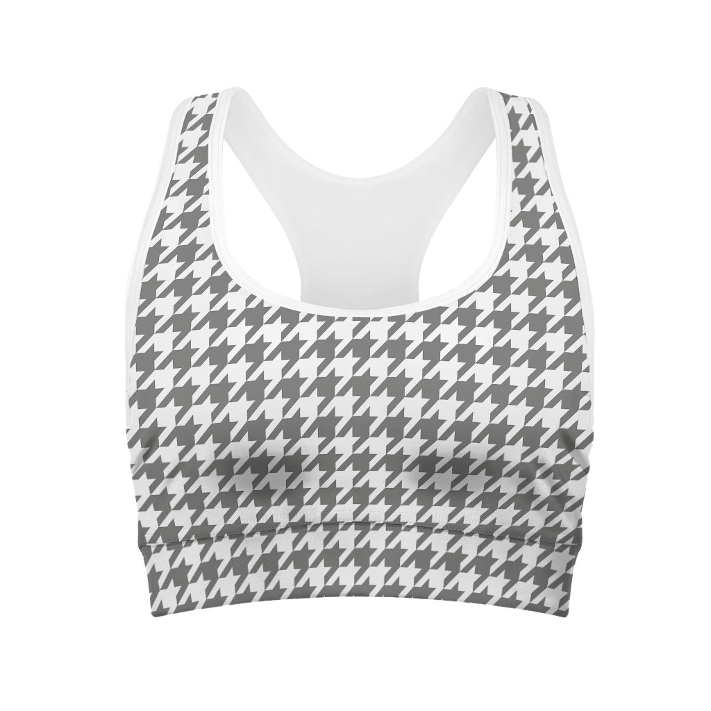 Grey And White Houndstooth Pattern Print Women's Sports Bra