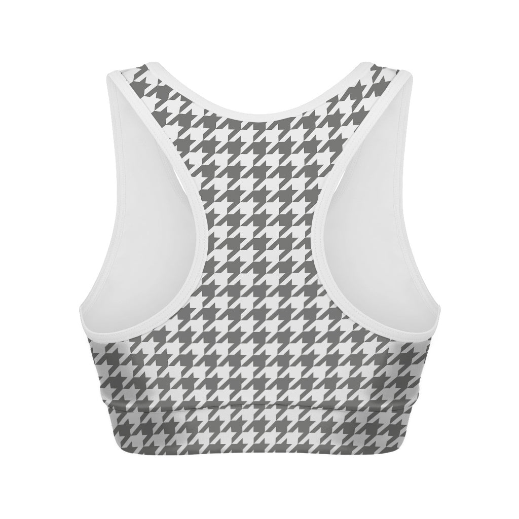 Grey And White Houndstooth Pattern Print Women's Sports Bra
