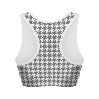 Grey And White Houndstooth Pattern Print Women's Sports Bra