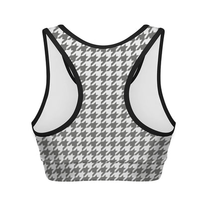 Grey And White Houndstooth Pattern Print Women's Sports Bra