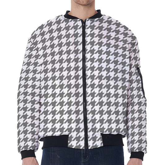 Grey And White Houndstooth Pattern Print Zip Sleeve Bomber Jacket