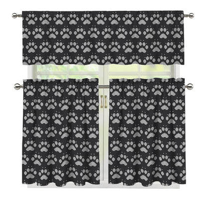 Grey And White Paw Knitted Pattern Print 3 Piece Kitchen Curtains