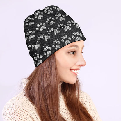 Grey And White Paw Knitted Pattern Print Beanie