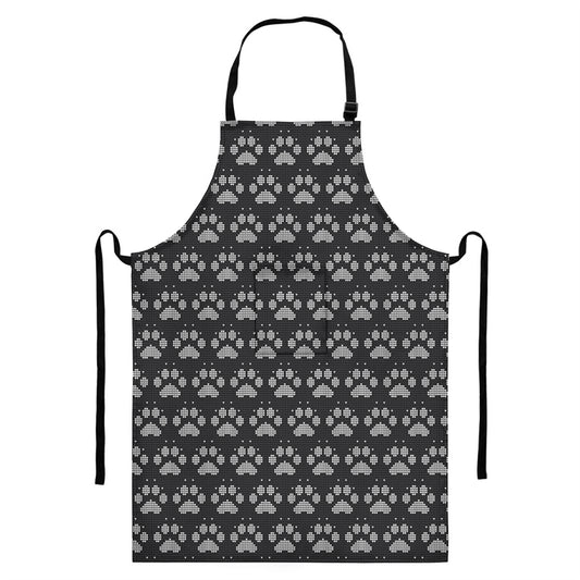 Grey And White Paw Knitted Pattern Print Bib Apron With Pocket