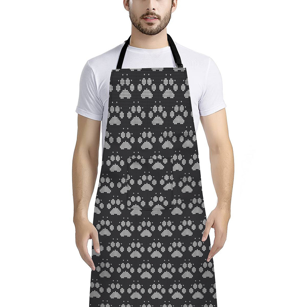 Grey And White Paw Knitted Pattern Print Bib Apron With Pocket