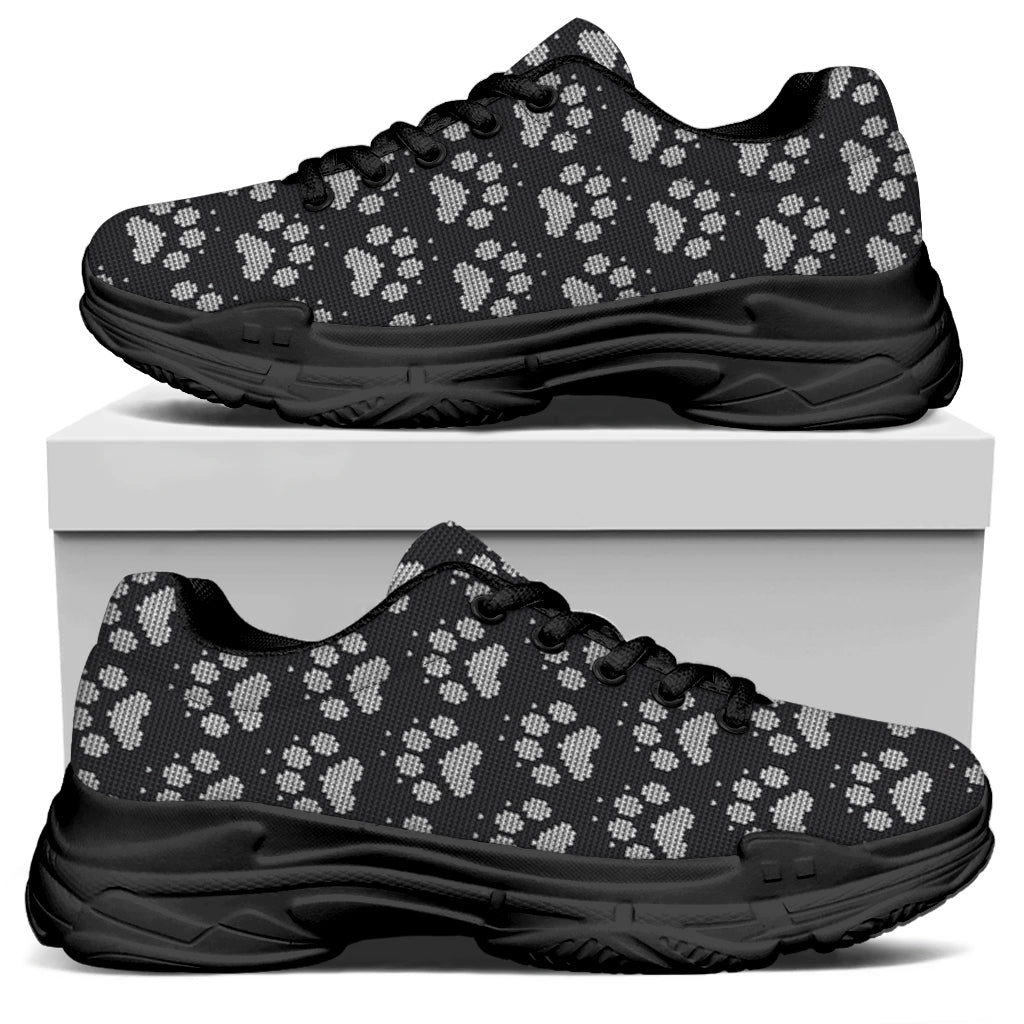 Grey And White Paw Knitted Pattern Print Black Chunky Shoes
