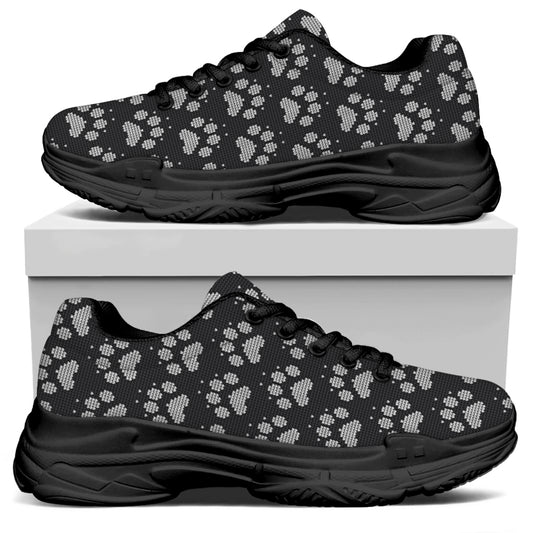Grey And White Paw Knitted Pattern Print Black Chunky Shoes
