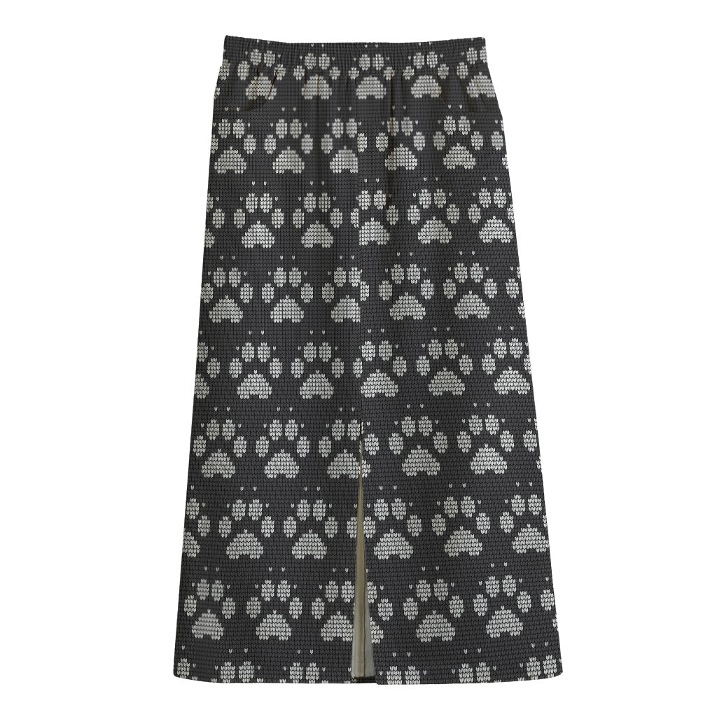 Grey And White Paw Knitted Pattern Print Cotton Front Slit Maxi Skirt