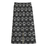 Grey And White Paw Knitted Pattern Print Cotton Front Slit Maxi Skirt