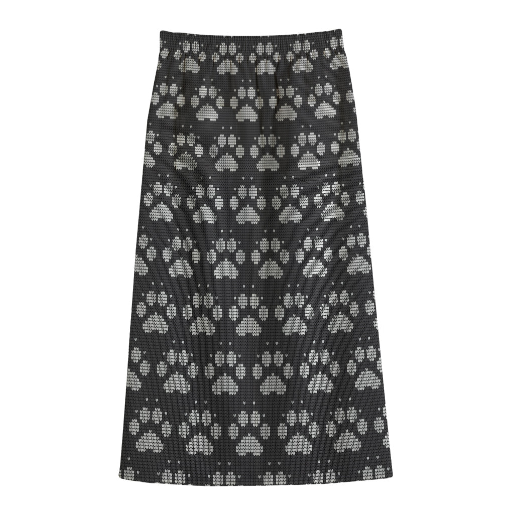 Grey And White Paw Knitted Pattern Print Cotton Front Slit Maxi Skirt