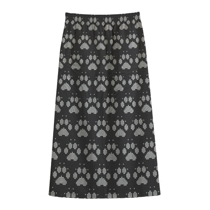 Grey And White Paw Knitted Pattern Print Cotton Front Slit Maxi Skirt