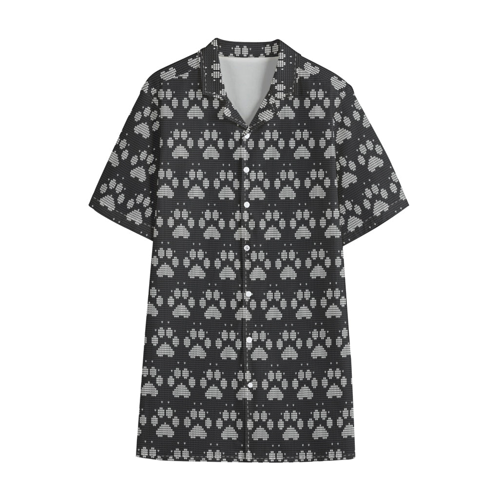 Grey And White Paw Knitted Pattern Print Cotton Hawaiian Shirt
