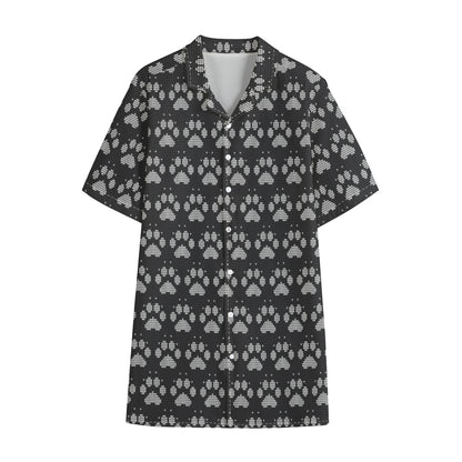 Grey And White Paw Knitted Pattern Print Cotton Hawaiian Shirt