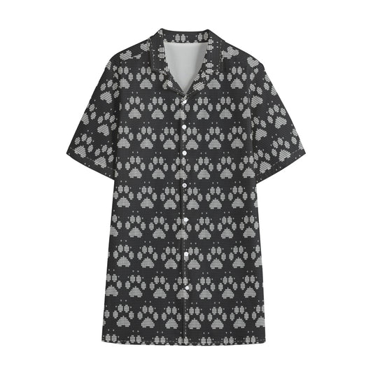 Grey And White Paw Knitted Pattern Print Cotton Hawaiian Shirt