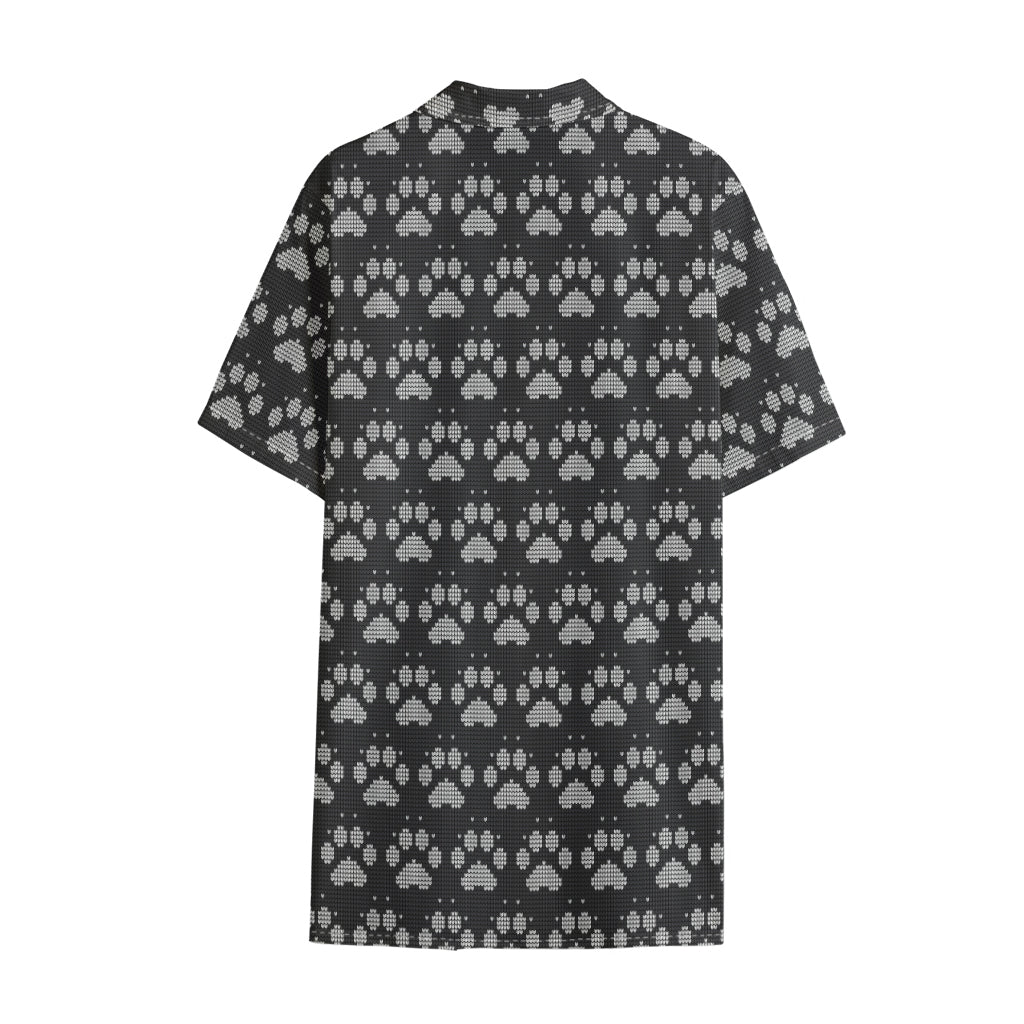 Grey And White Paw Knitted Pattern Print Cotton Hawaiian Shirt