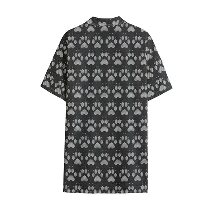 Grey And White Paw Knitted Pattern Print Cotton Hawaiian Shirt