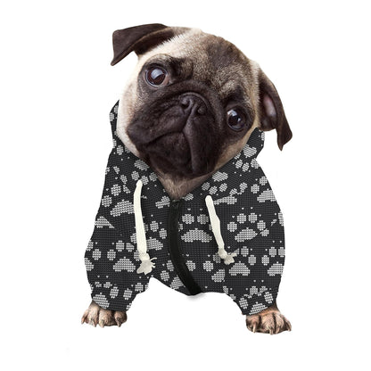 Grey And White Paw Knitted Pattern Print Dog Zip Up Hoodie