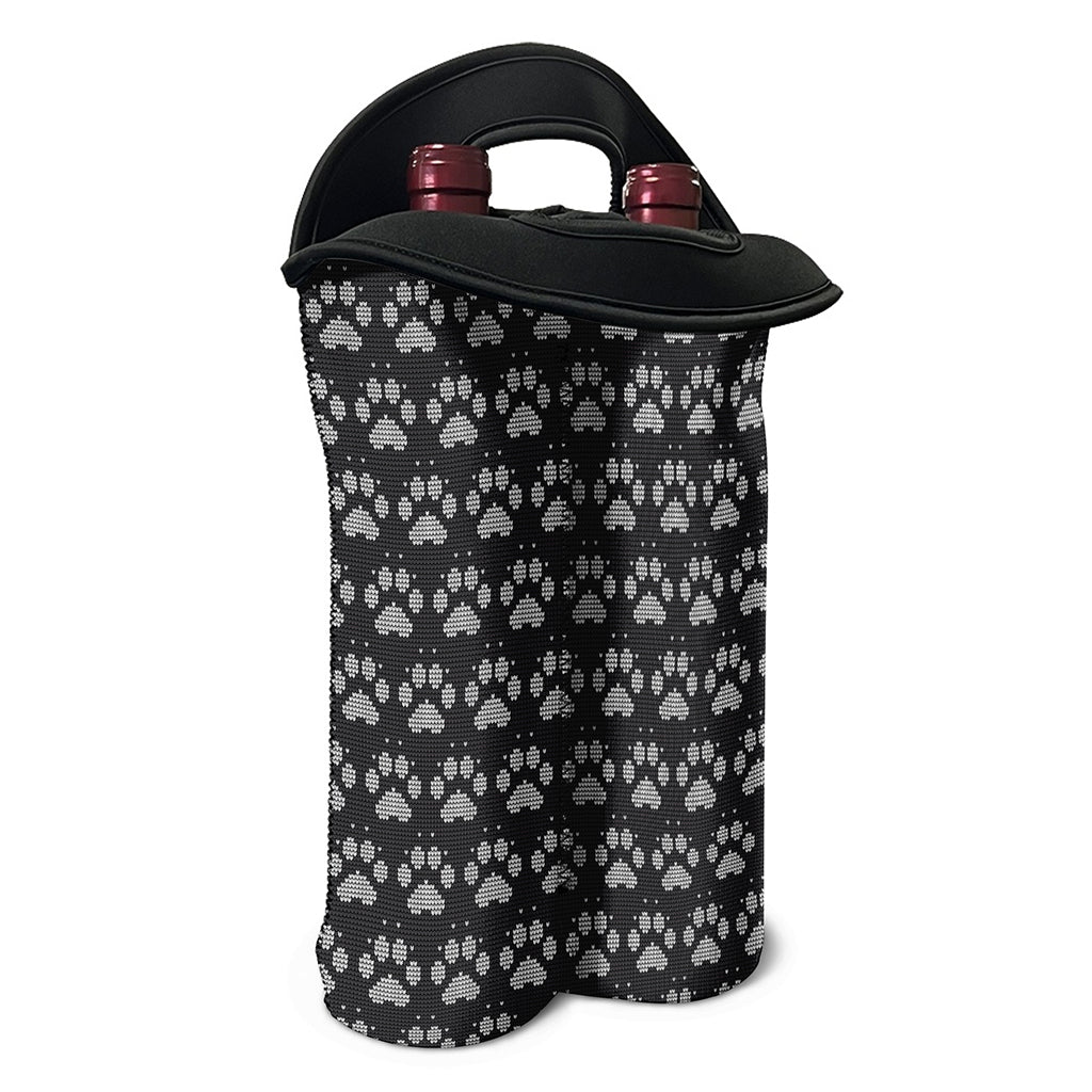 Grey And White Paw Knitted Pattern Print Double Neoprene Wine Tote