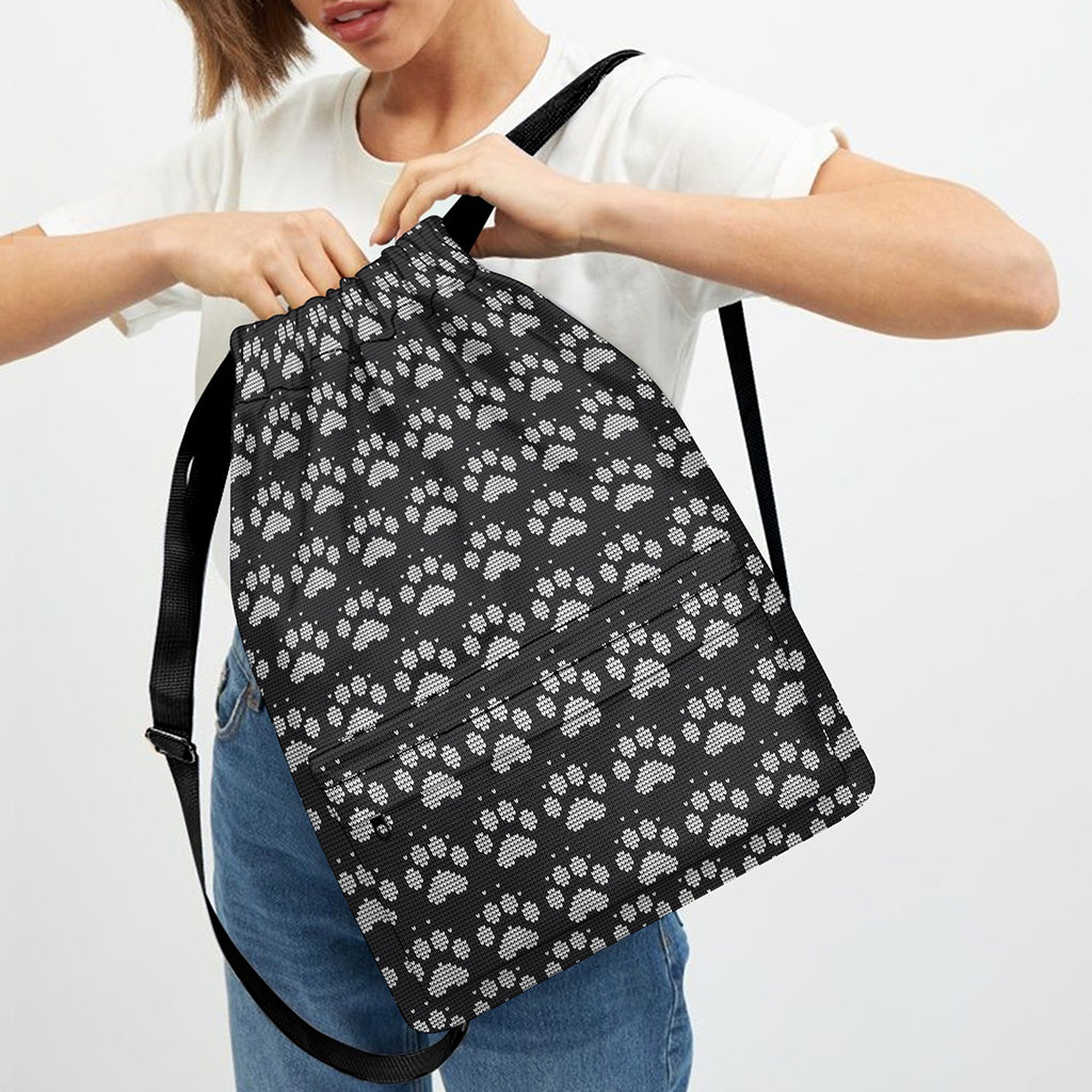 Grey And White Paw Knitted Pattern Print Drawstring Backpack