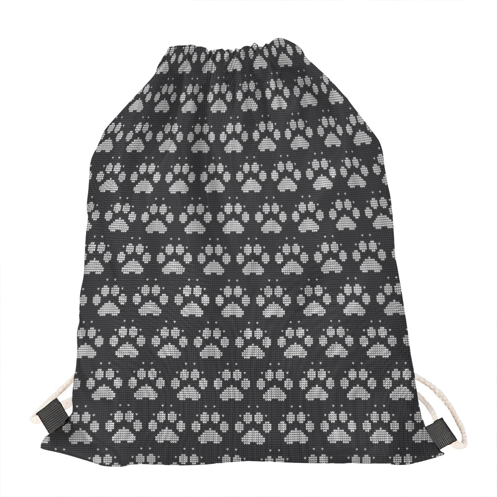 Grey And White Paw Knitted Pattern Print Drawstring Bag