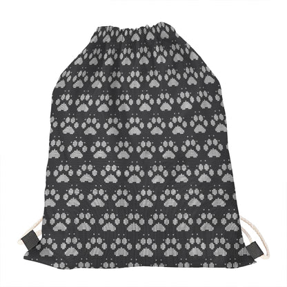 Grey And White Paw Knitted Pattern Print Drawstring Bag