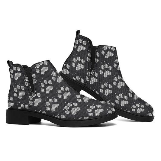 Grey And White Paw Knitted Pattern Print Flat Ankle Boots