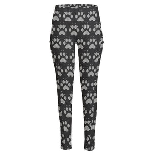 Grey And White Paw Knitted Pattern Print High-Waisted Pocket Leggings