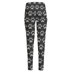 Grey And White Paw Knitted Pattern Print High-Waisted Pocket Leggings