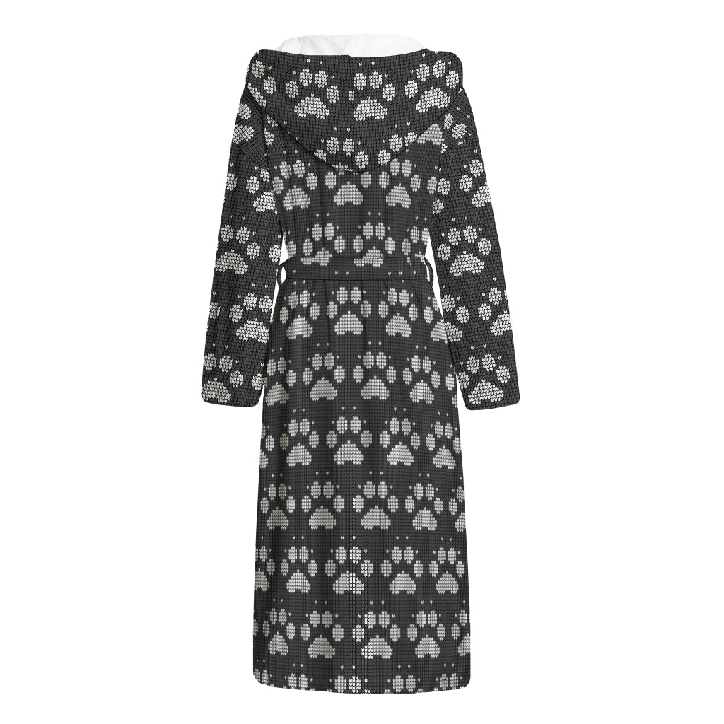 Grey And White Paw Knitted Pattern Print Hooded Bathrobe