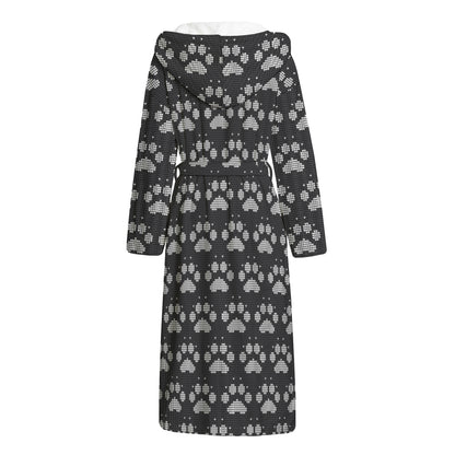 Grey And White Paw Knitted Pattern Print Hooded Bathrobe