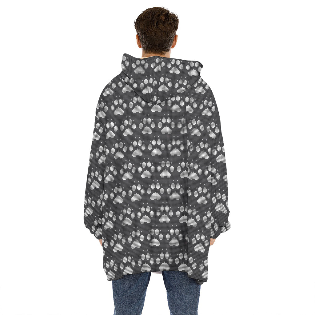 Grey And White Paw Knitted Pattern Print Hoodie Blanket