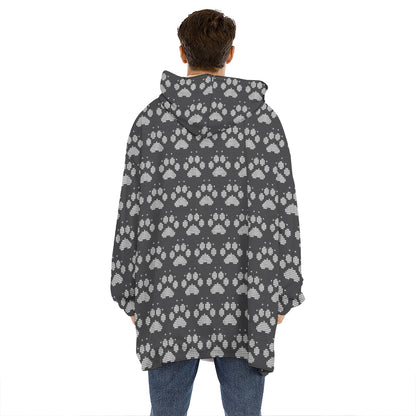 Grey And White Paw Knitted Pattern Print Hoodie Blanket