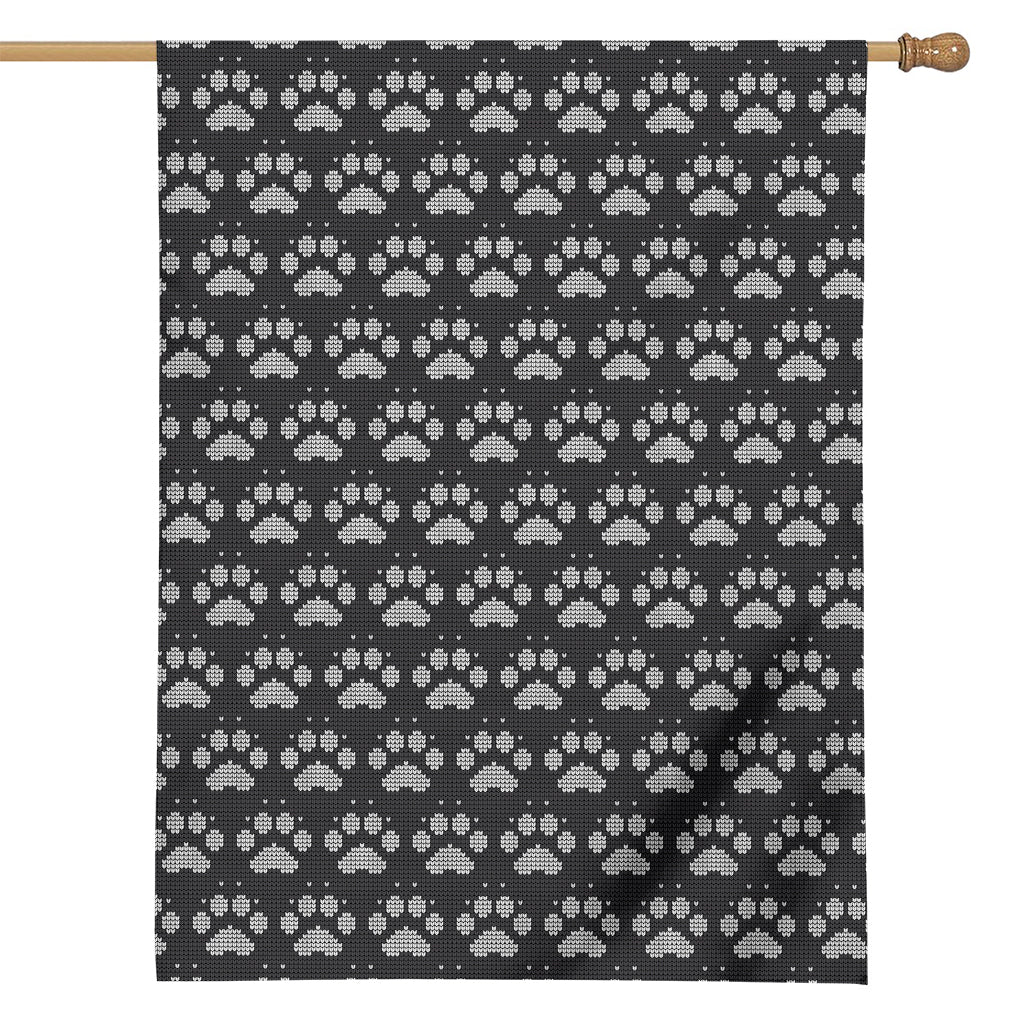 Grey And White Paw Knitted Pattern Print House Flag