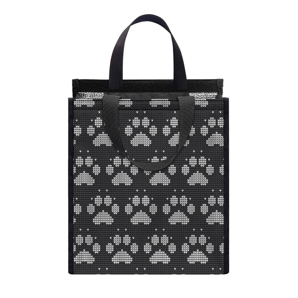 Grey And White Paw Knitted Pattern Print Insulated Lunch Tote