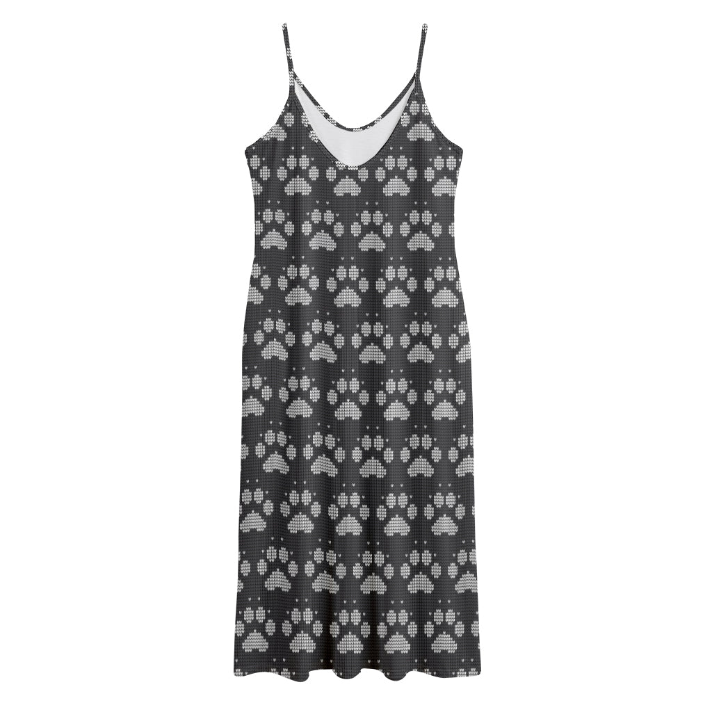 Grey And White Paw Knitted Pattern Print Jersey Midi Cami Dress