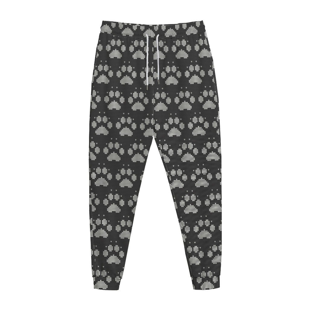 Grey And White Paw Knitted Pattern Print Jogger Pants