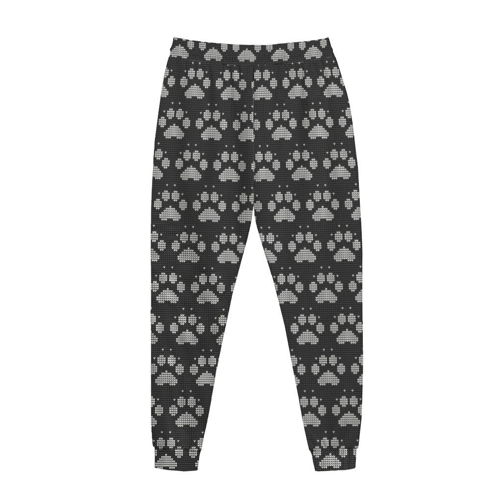 Grey And White Paw Knitted Pattern Print Jogger Pants