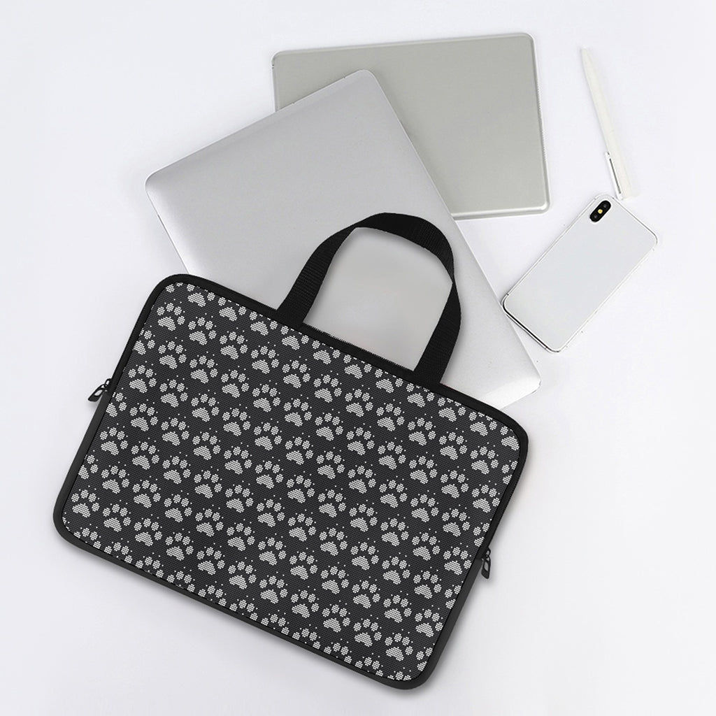 Grey And White Paw Knitted Pattern Print Laptop Sleeve With Handle