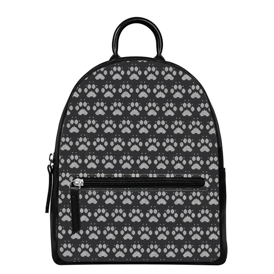 Grey And White Paw Knitted Pattern Print Leather Backpack