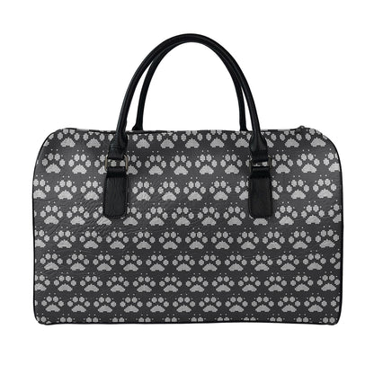 Grey And White Paw Knitted Pattern Print Leather Duffle Bag