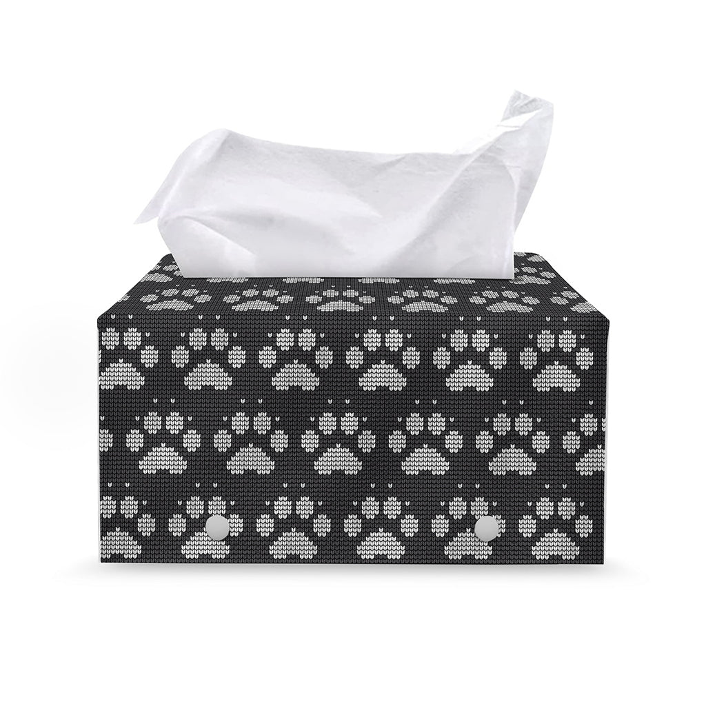 Grey And White Paw Knitted Pattern Print Leather Tissue Box Cover