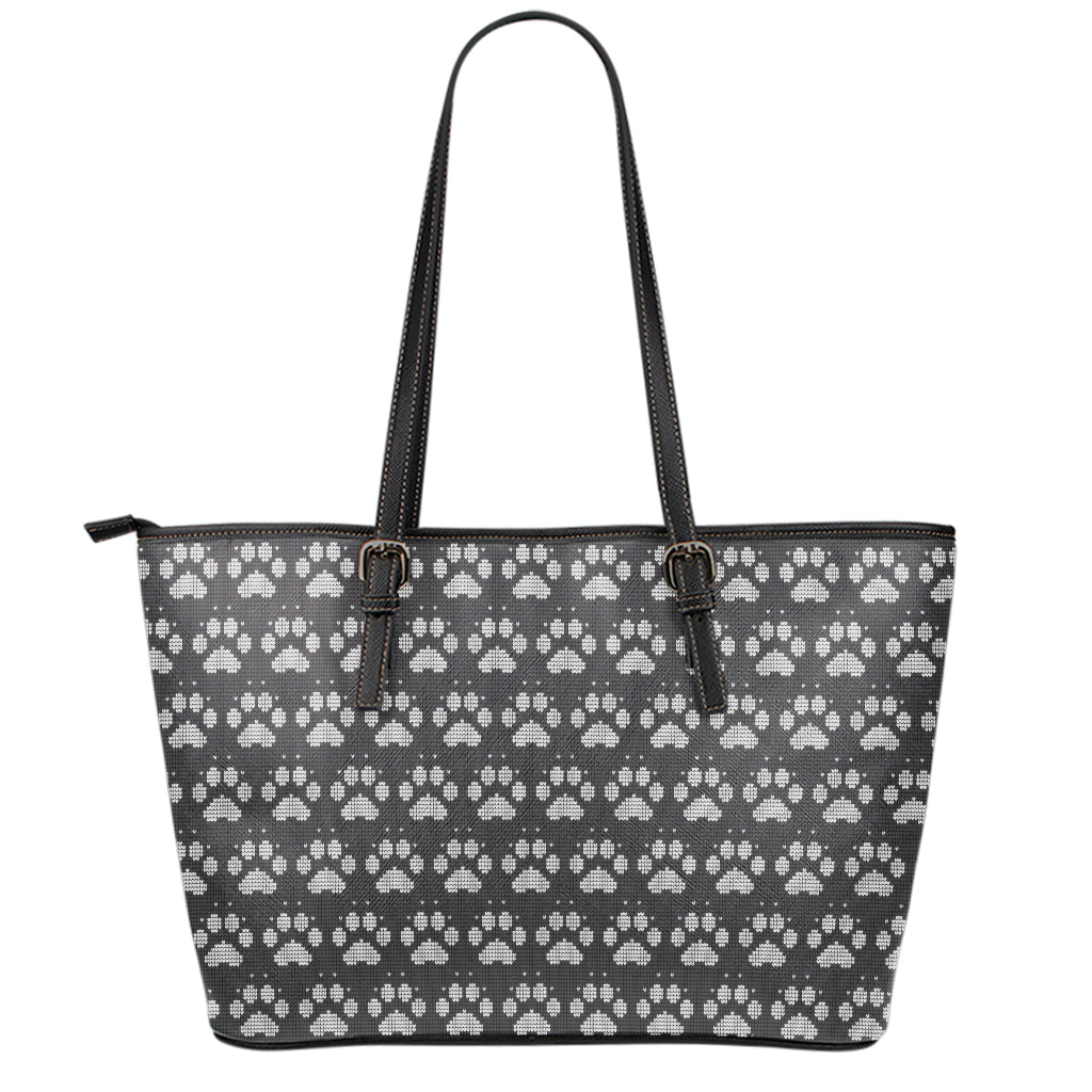 Grey And White Paw Knitted Pattern Print Leather Tote Bag