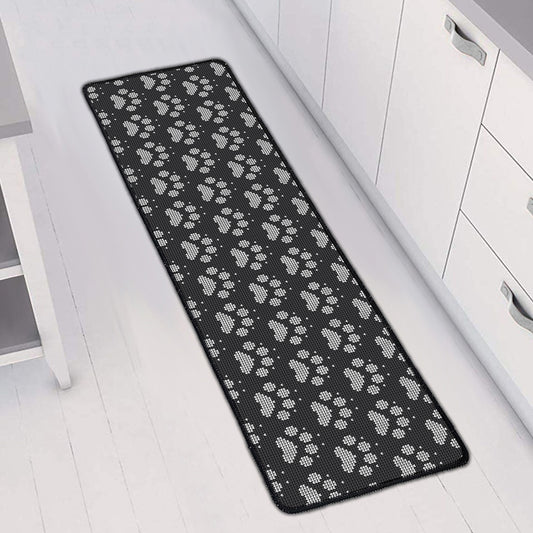 Grey And White Paw Knitted Pattern Print Long Kitchen Mat